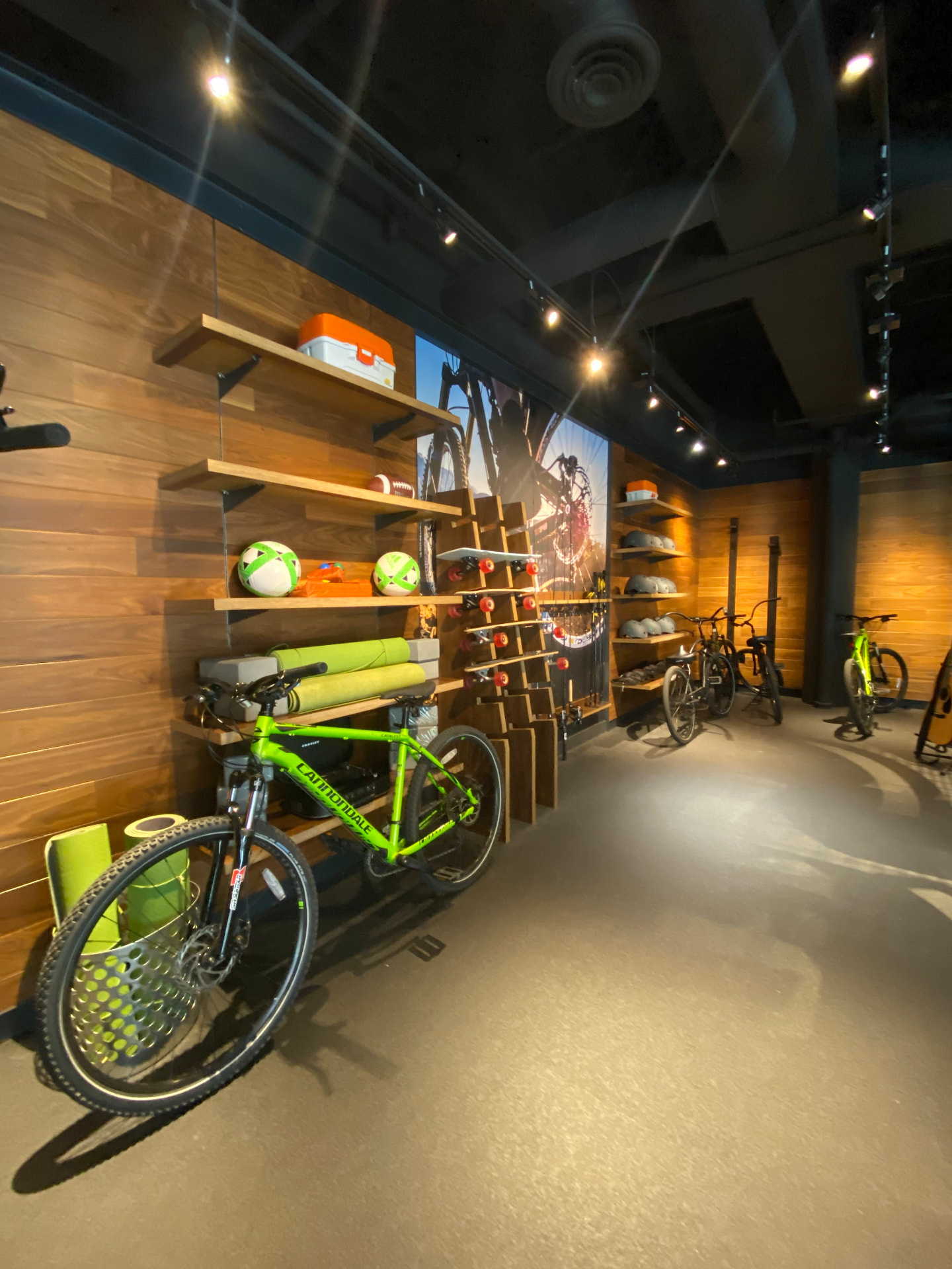 Bikes, boards and outdoor equipment in The Hotel Zags Gear Shed